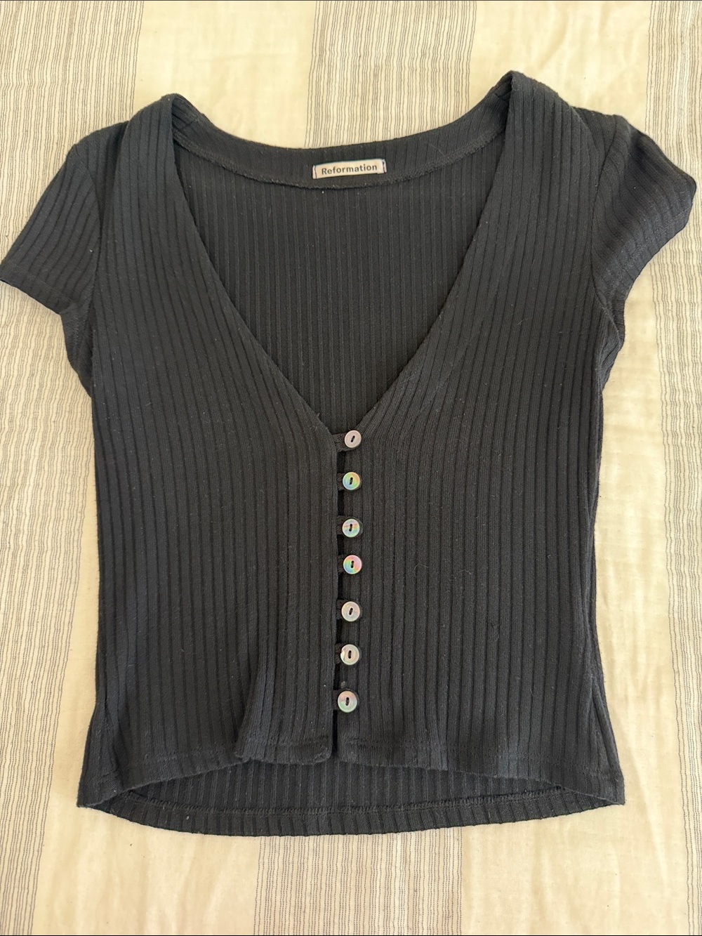 Reformation Black Ribbed Button-Front Crop Top